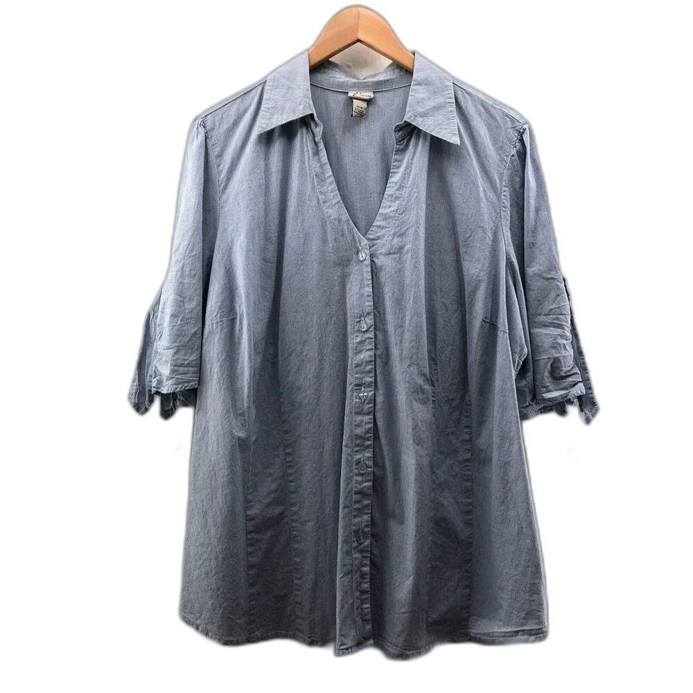 Venezla Womens 3/4 Sleeve Striped V Neck Button Front Shirt Top Blue Size 14-16